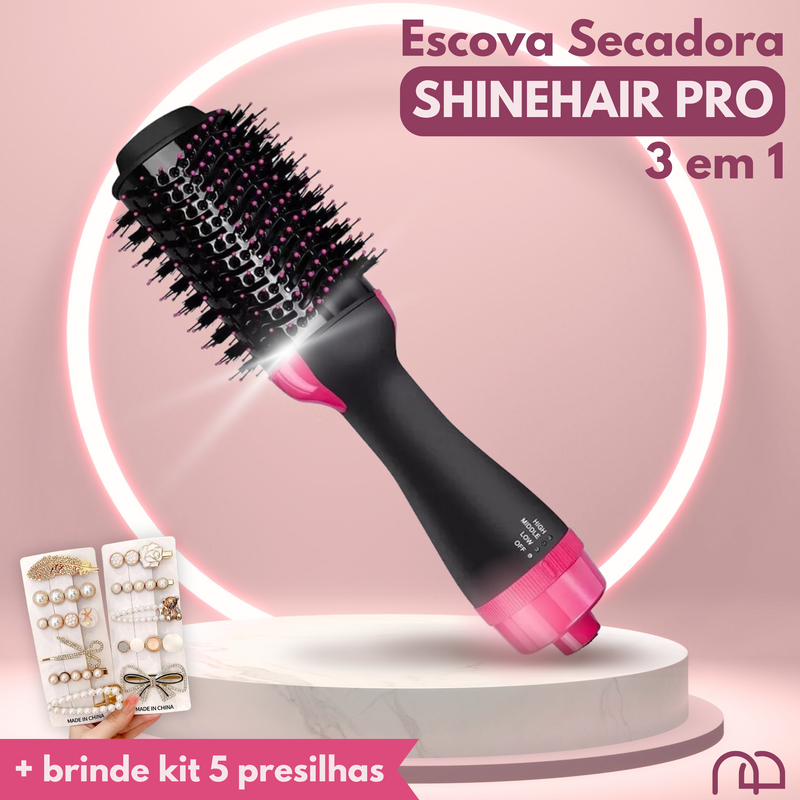 Escova Secadora ShineHair PRO™ 3 em 1 + Kit 5 Presilhas de Brinde